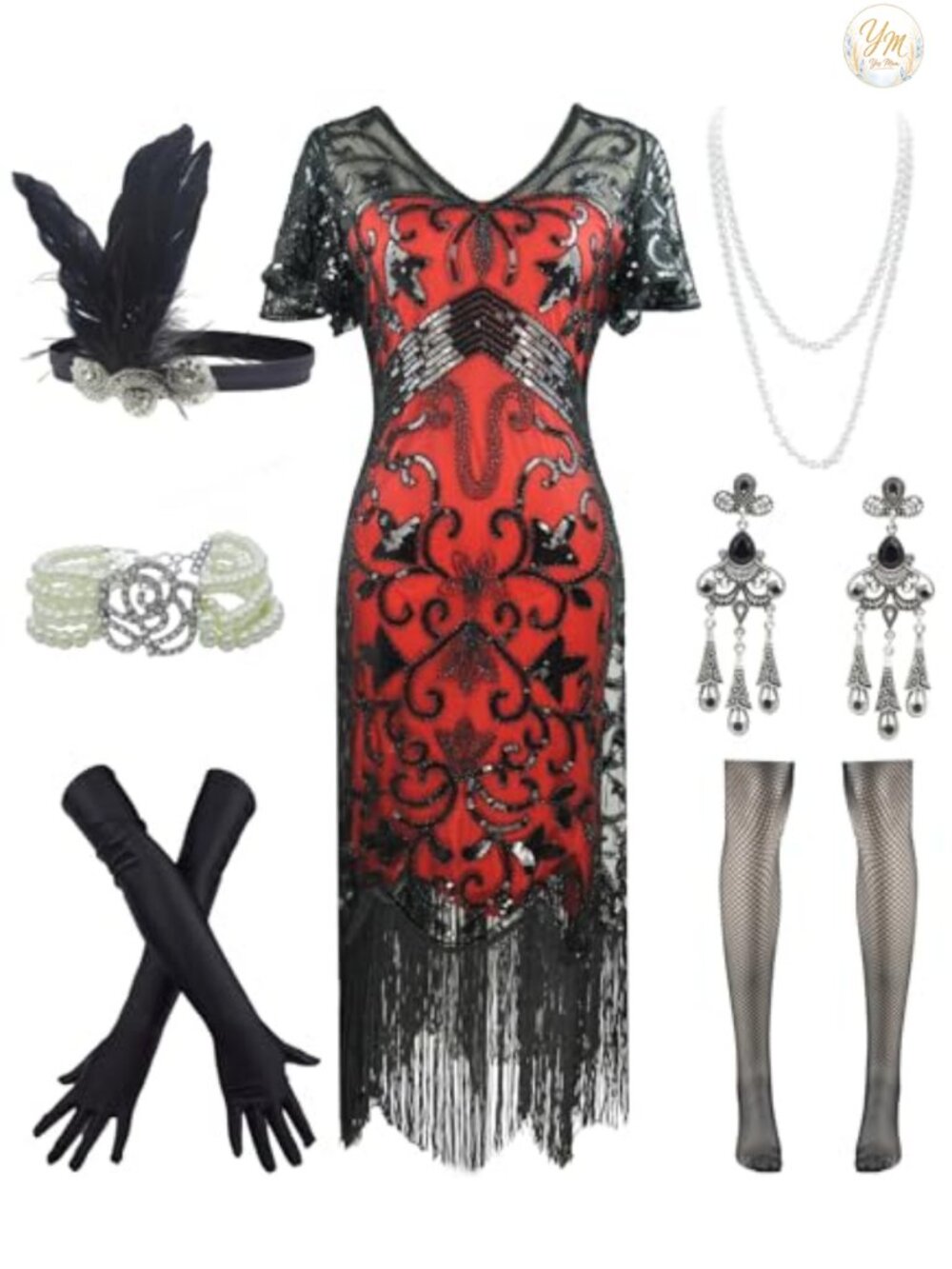 1920s Flapper Gatsby Sequin Dress Costume Set with Headband Gloves